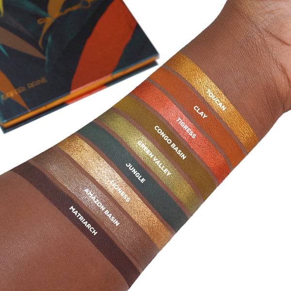 Safari Raine Eyeshadow Palette swatched on dark skin - by Coloured Raine Cosmetics